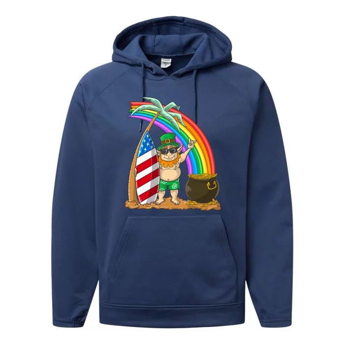 St Patricks Day Hawaii Patriotic Usa Flag Surfing Leprechaun Gift Performance Fleece Hoodie