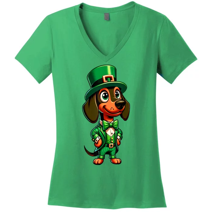 St. Patricks Day Cute Dachshund Dog Leprechaun Weiner Dog Lover Gift Women's V-Neck T-Shirt