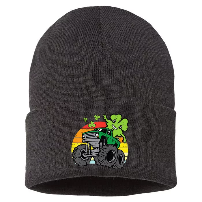 Saint Patricks Day for Monster Truck Lover  Shamrock Sustainable Knit Beanie