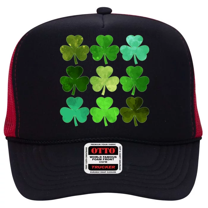 St Patricks Day Lucky Watercolor Shamrocks High Crown Mesh Trucker Hat