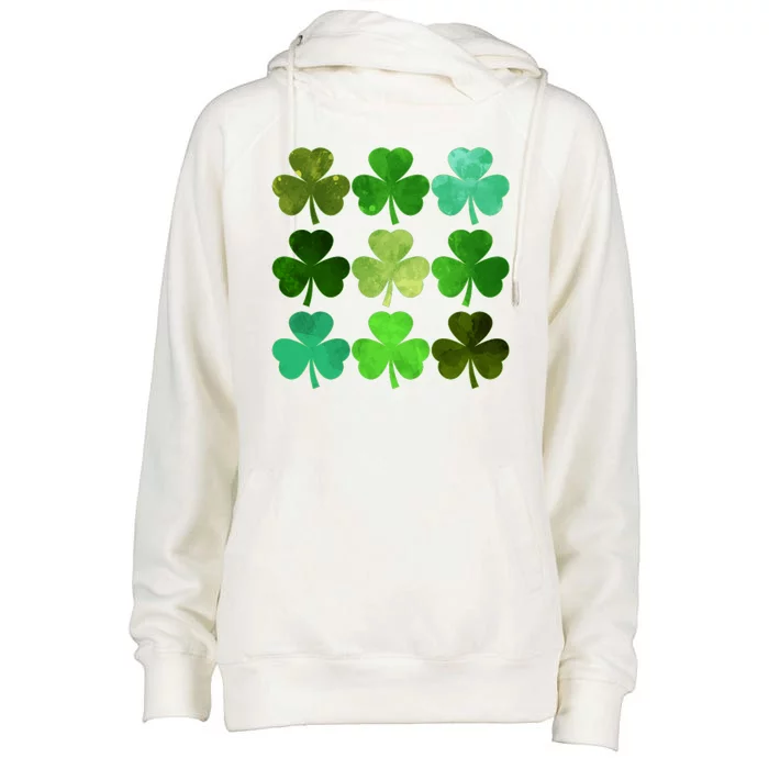 St Patricks Day Lucky Watercolor Shamrocks Womens Funnel Neck Pullover Hood