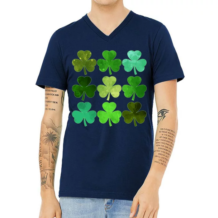 St Patricks Day Lucky Watercolor Shamrocks V-Neck T-Shirt