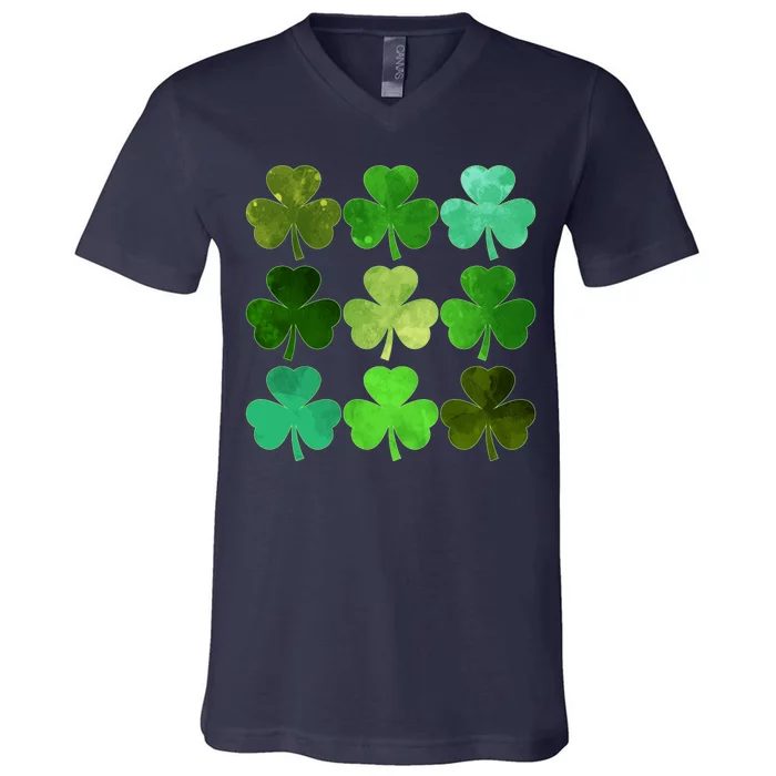 St Patricks Day Lucky Watercolor Shamrocks V-Neck T-Shirt