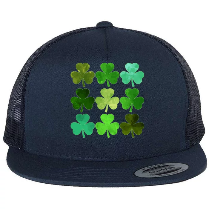 St Patricks Day Lucky Watercolor Shamrocks Flat Bill Trucker Hat