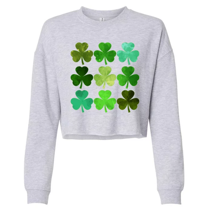 St Patricks Day Lucky Watercolor Shamrocks Cropped Pullover Crew