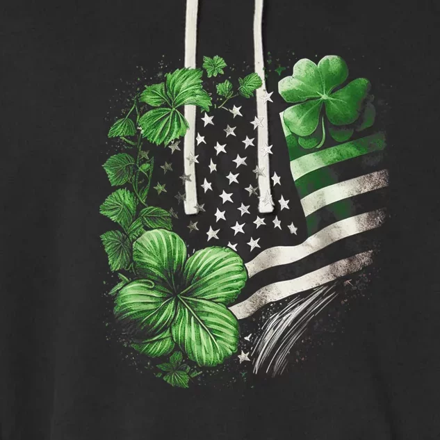 St Patricks Day Shamrock American Flag Retro Garment-Dyed Fleece Hoodie