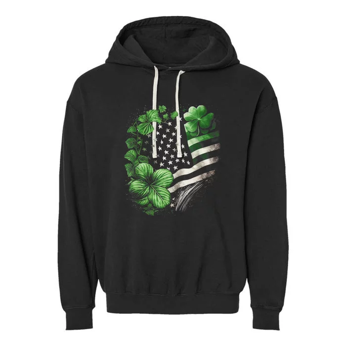 St Patricks Day Shamrock American Flag Retro Garment-Dyed Fleece Hoodie