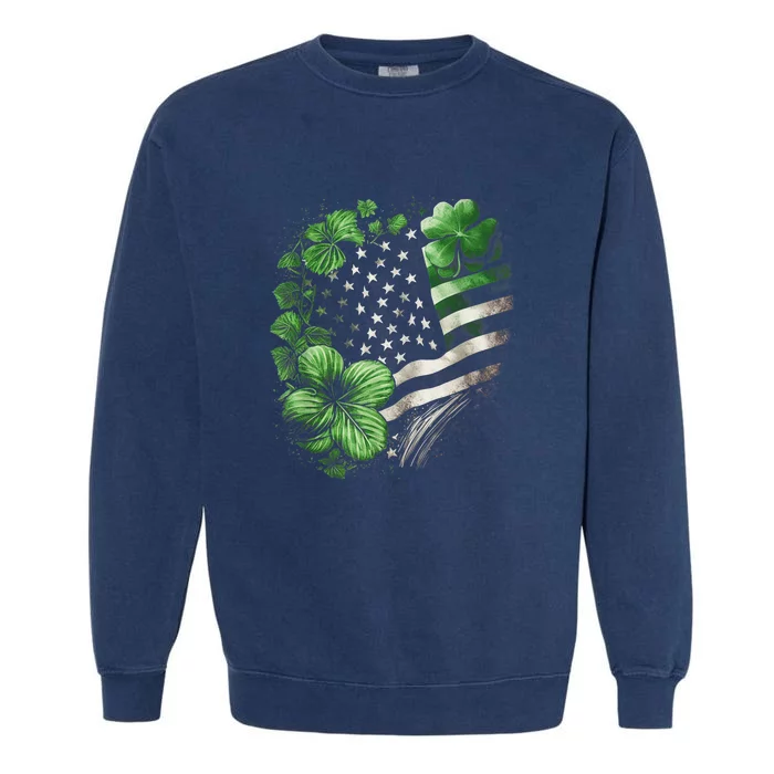 St Patricks Day Shamrock American Flag Retro Garment-Dyed Sweatshirt