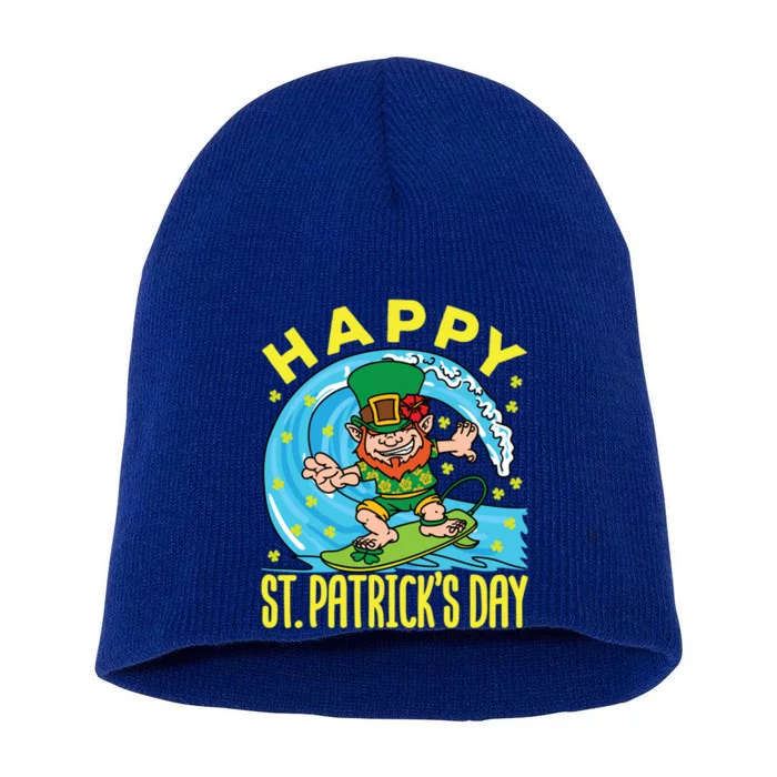 St Patricks Day Hawaiian Leprechaun Surfing Gift Short Acrylic Beanie