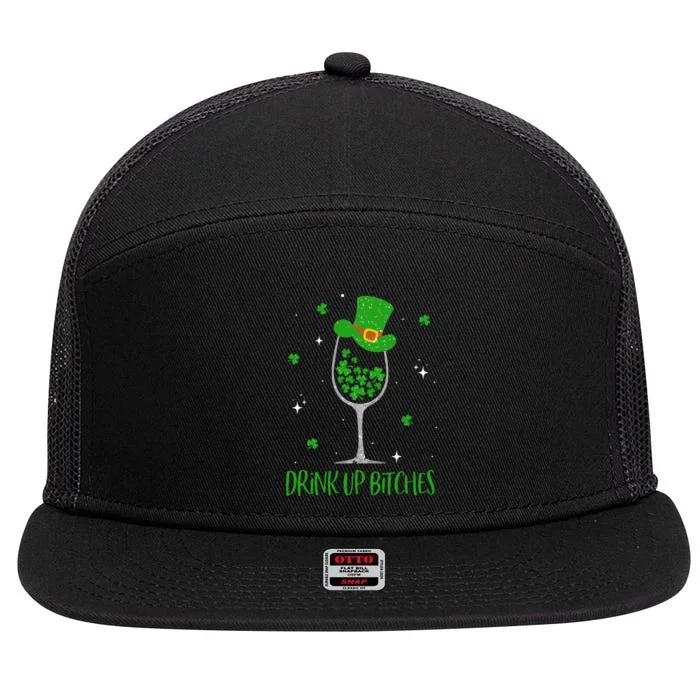 St Patricks Day Shamrock Wine Glass Drink Up Leprechaun 7 Panel Mesh Trucker Snapback Hat