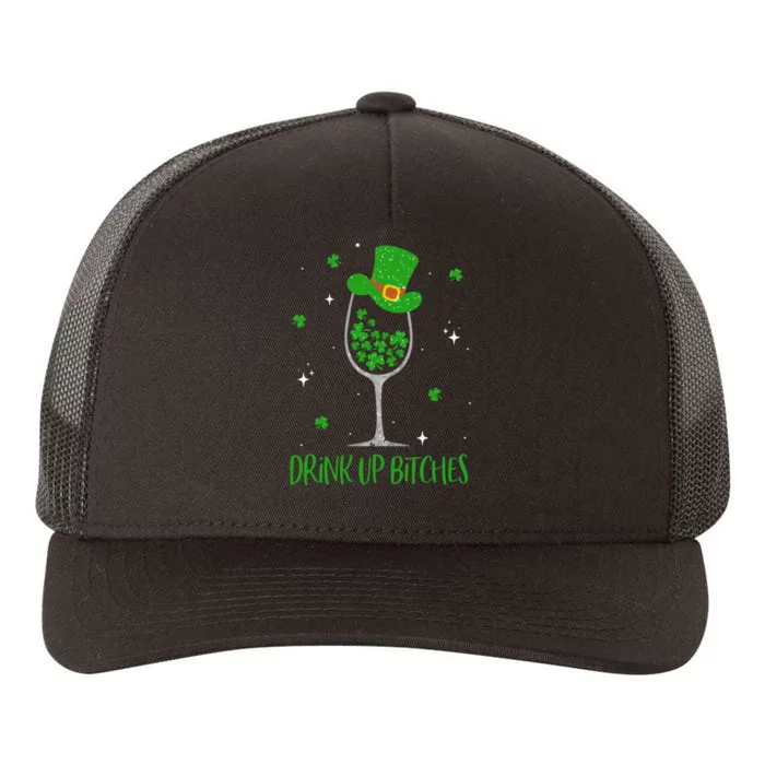 St Patricks Day Shamrock Wine Glass Drink Up Leprechaun Yupoong Adult 5-Panel Trucker Hat