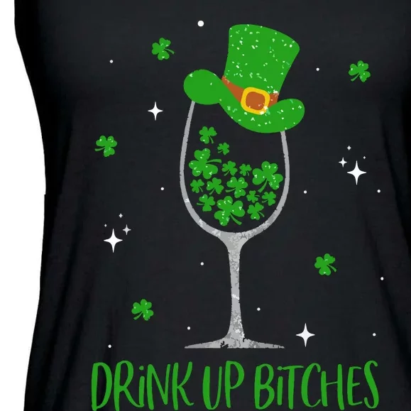 St Patricks Day Shamrock Wine Glass Drink Up Leprechaun Ladies Essential Flowy Tank