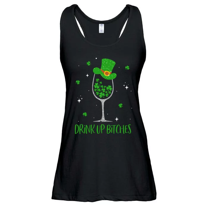 St Patricks Day Shamrock Wine Glass Drink Up Leprechaun Ladies Essential Flowy Tank