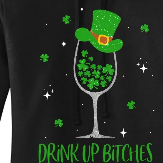 St Patricks Day Shamrock Wine Glass Drink Up Leprechaun Women's Pullover Hoodie