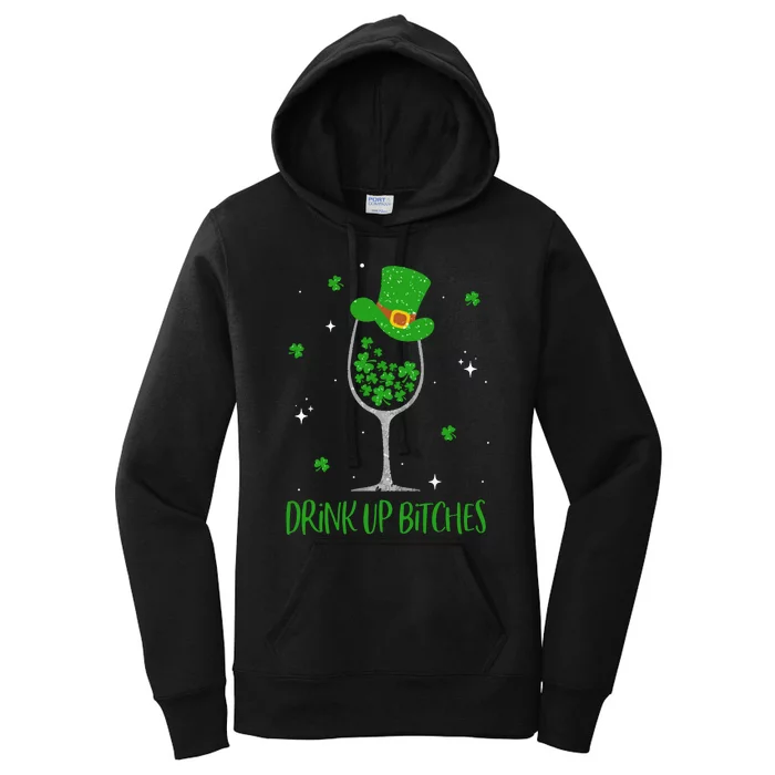 St Patricks Day Shamrock Wine Glass Drink Up Leprechaun Women's Pullover Hoodie