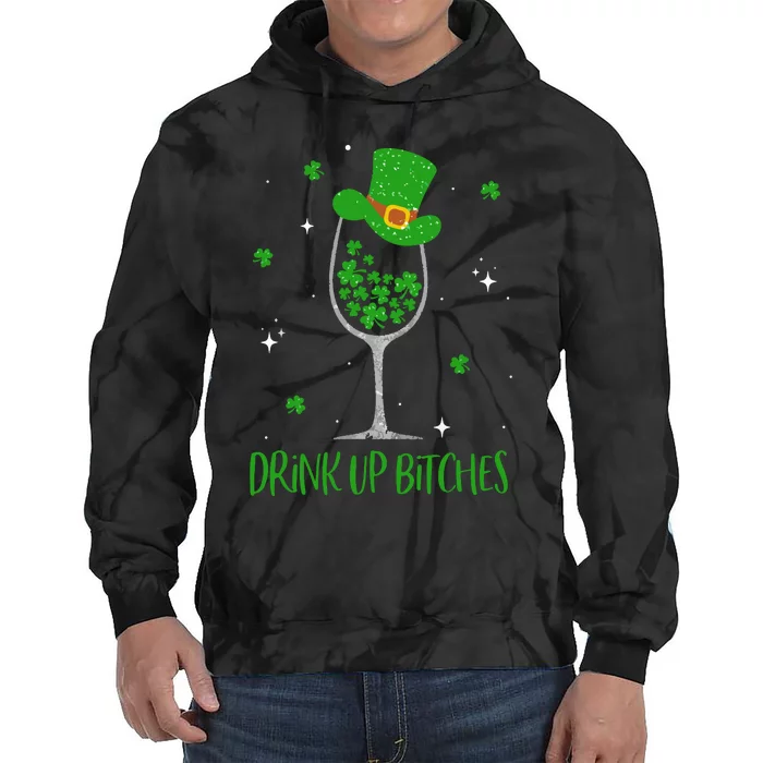 St Patricks Day Shamrock Wine Glass Drink Up Leprechaun Tie Dye Hoodie