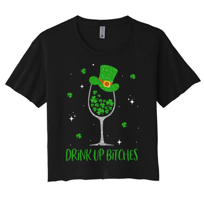 St Patricks Day Shamrock Wine Glass Drink Up Leprechaun Women's Crop Top Tee