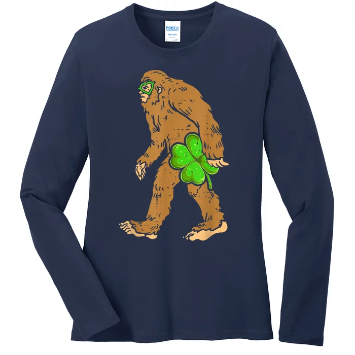 St Patricks Day Funny Bigfoot Shamrock Sasquatch Irish Ladies Long Sleeve Shirt