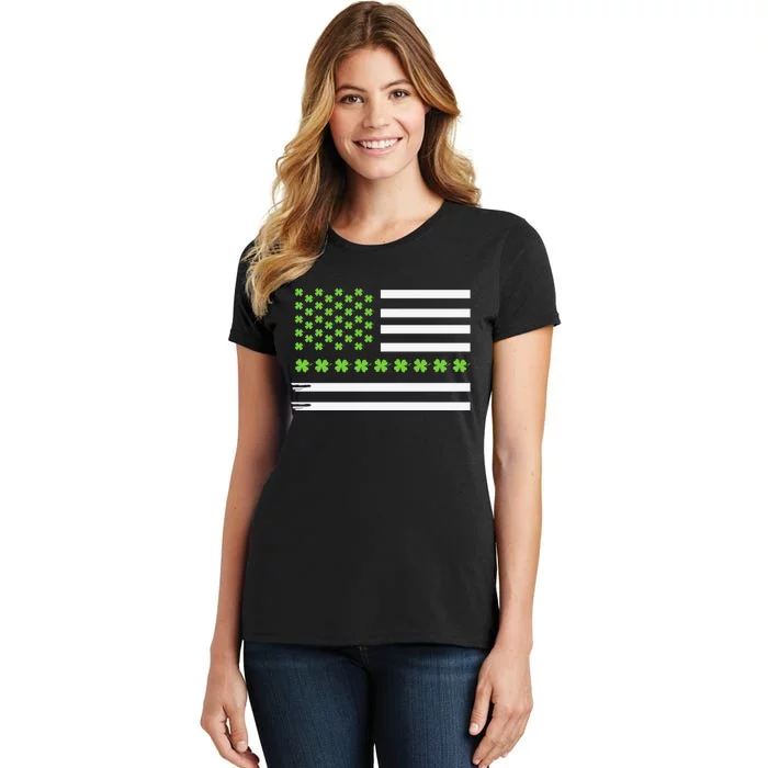 St PatrickS Day Distressed American Flag Shamrock Women's T-Shirt