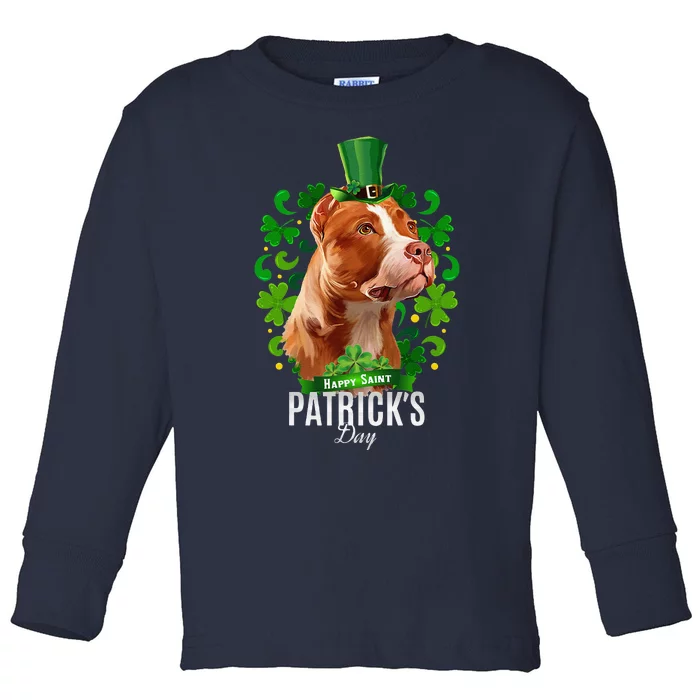 St Patrick's Day Irish Saint Patrick Shamrock Pitbull Head Toddler Long Sleeve Shirt