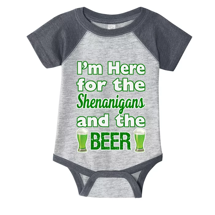 St. Patrick's Day I'm Here for Shenanigans and Beer Design Infant Baby Jersey Bodysuit