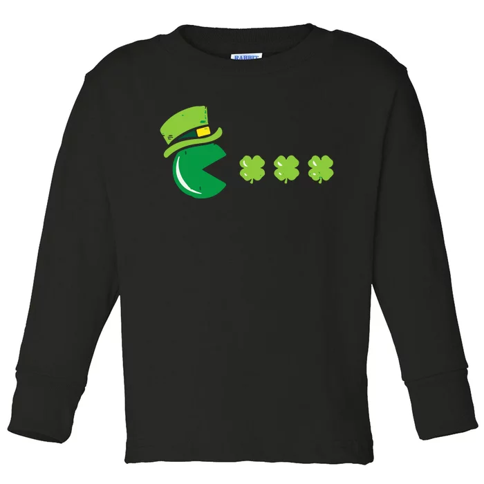 St Patricks Day Eating Shamrock Retro Gamer Toddler Long Sleeve Shirt