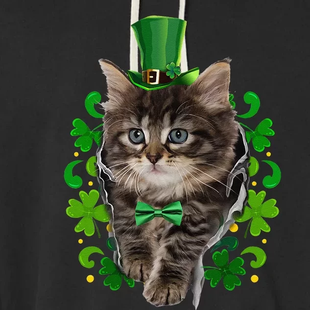 St Patrick's Day Irish Saint Patrick's Shamrock Black Kitten Garment-Dyed Fleece Hoodie