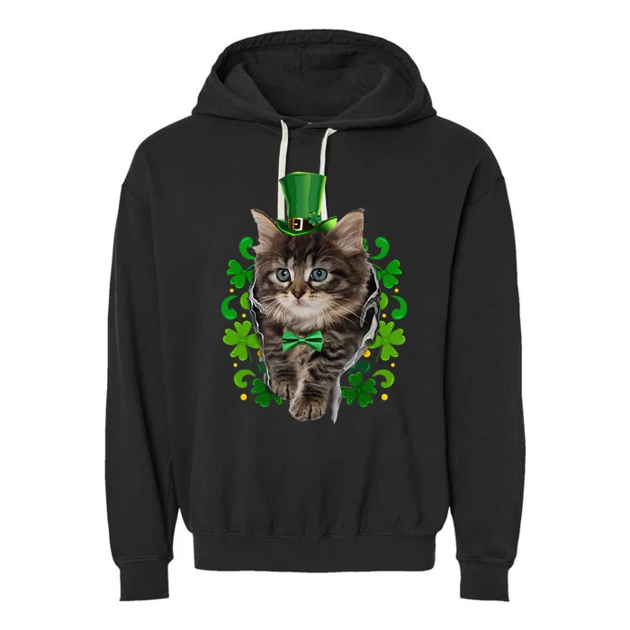 St Patrick's Day Irish Saint Patrick's Shamrock Black Kitten Garment-Dyed Fleece Hoodie