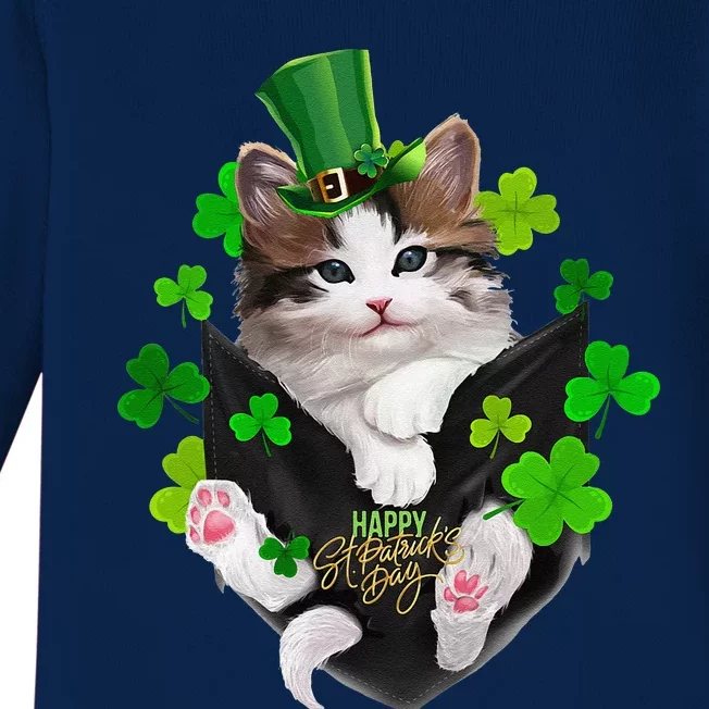 St Patrick's Day Irish Saint Patrick's Shamrock Happy Cat Baby Long Sleeve Bodysuit