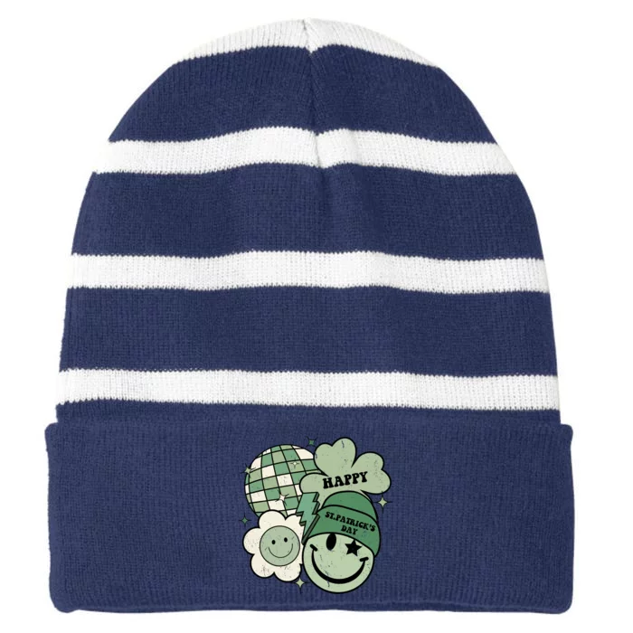 St Patricks Day Retro Smile Disco Party Striped Beanie with Solid Band