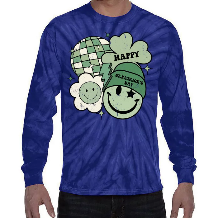 St Patricks Day Retro Smile Disco Party Tie-Dye Long Sleeve Shirt