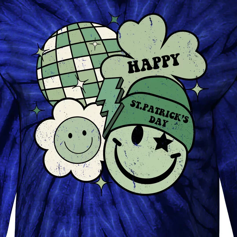 St Patricks Day Retro Smile Disco Party Tie-Dye Long Sleeve Shirt