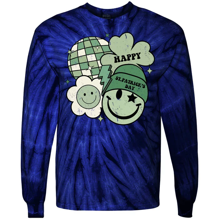 St Patricks Day Retro Smile Disco Party Tie-Dye Long Sleeve Shirt