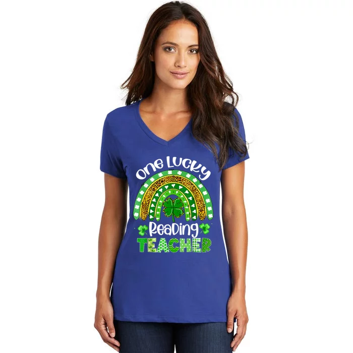 St Patrick's Day One Lucky Reading Teacher Rainbow Shamrock Cool Gift Women's V-Neck T-Shirt