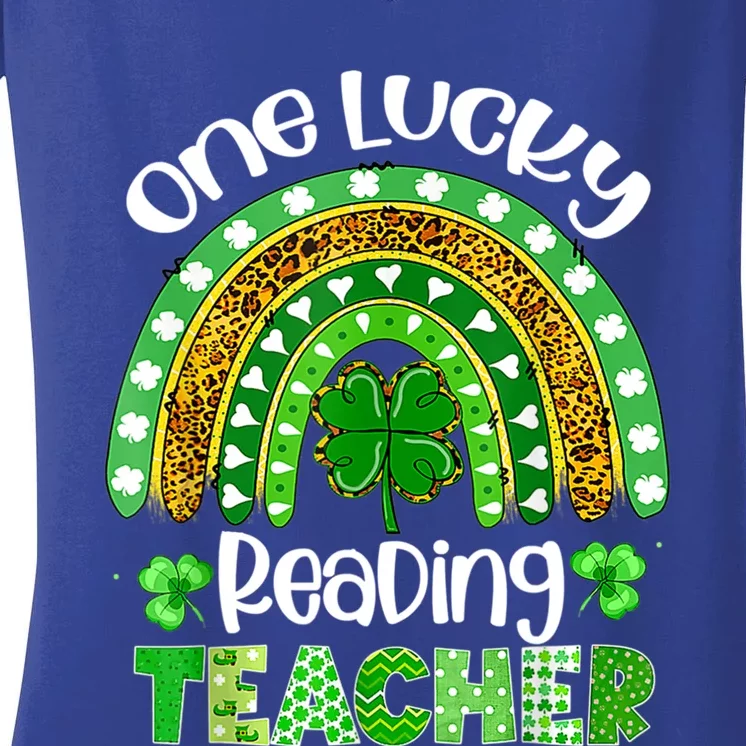 St Patrick's Day One Lucky Reading Teacher Rainbow Shamrock Cool Gift Women's V-Neck T-Shirt