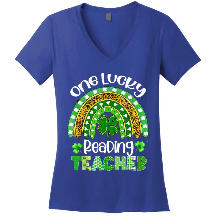 St Patrick's Day One Lucky Reading Teacher Rainbow Shamrock Cool Gift Women's V-Neck T-Shirt