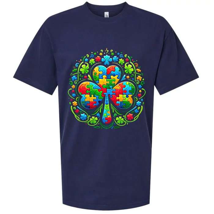 St Patricks Day Autism Awareness Shamrock Puzzle Gift Sueded Cloud Jersey T-Shirt