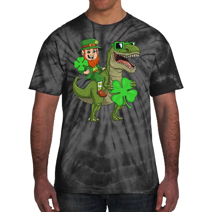 St Patricks Day Leprechaun Riding T Rex Funny Dino Tie-Dye T-Shirt