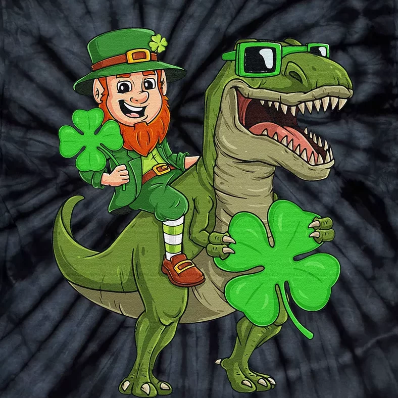 St Patricks Day Leprechaun Riding T Rex Funny Dino Tie-Dye T-Shirt