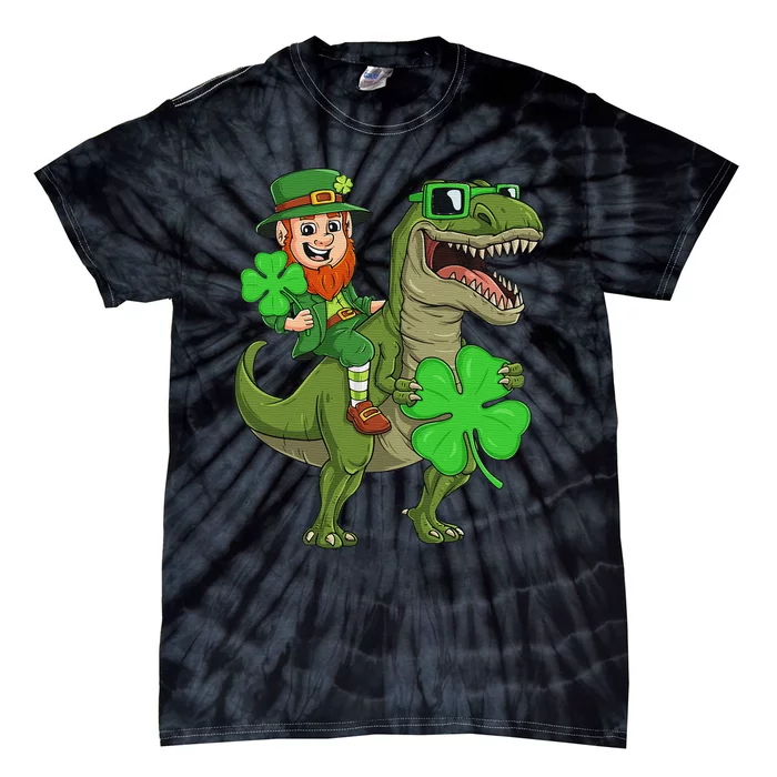 St Patricks Day Leprechaun Riding T Rex Funny Dino Tie-Dye T-Shirt