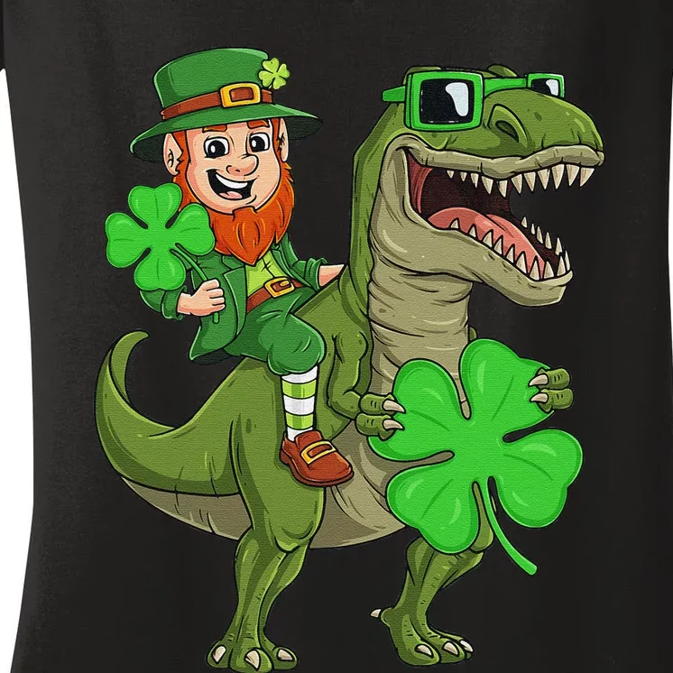 St Patricks Day Leprechaun Riding T Rex Funny Dino Women's V-Neck T-Shirt