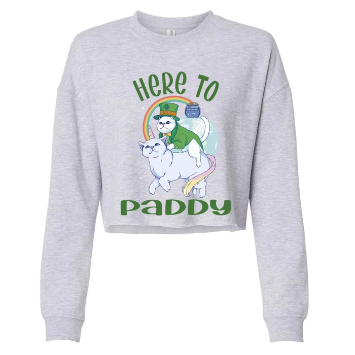 St Patrick's Day Irish Unicorn Leprechaun Cat Here To Paddy Gift Cropped Pullover Crew