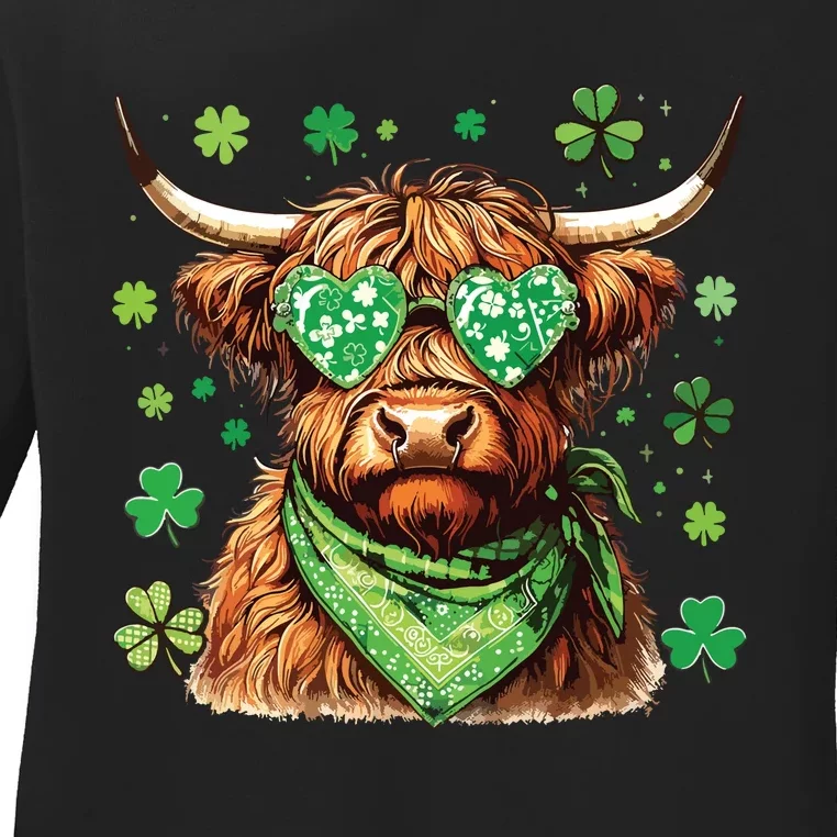 St Patricks Day Highland Cow St Patricks Day Shamrock Women Ladies Long Sleeve Shirt