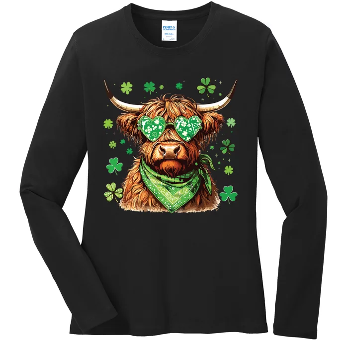 St Patricks Day Highland Cow St Patricks Day Shamrock Women Ladies Long Sleeve Shirt