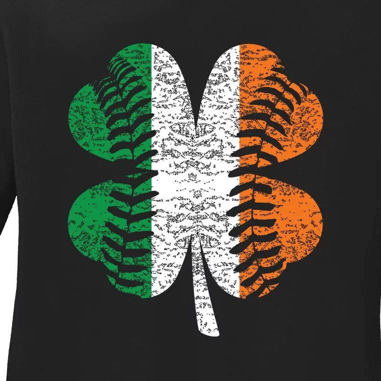 St. Patricks Day Shamrock Baseball Irish Flag Four Leaf Clover Ladies Long Sleeve Shirt