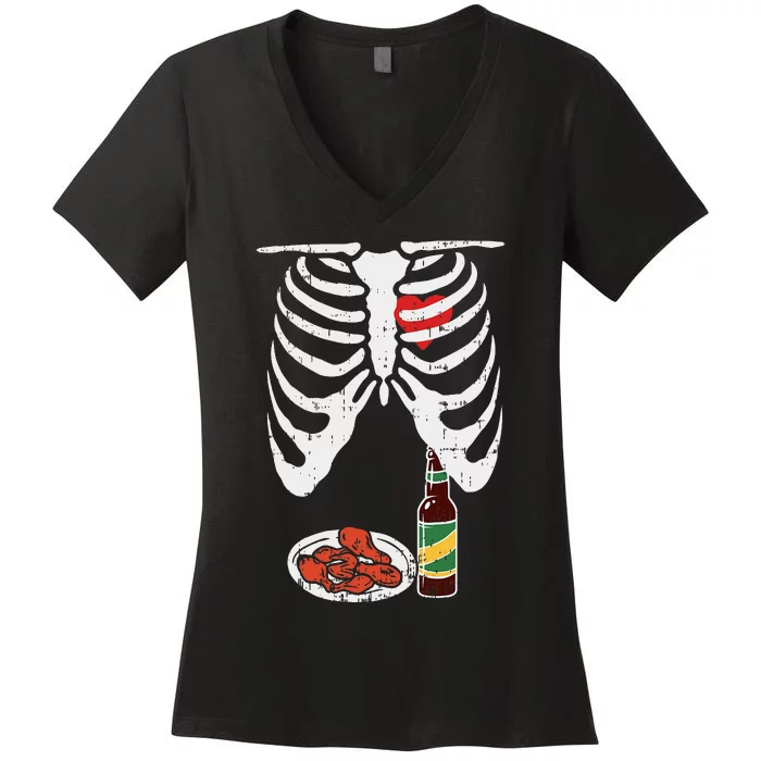 Skeleton Pregnancy Dad Chicken Wings Beer Halloween Women's V-Neck T-Shirt