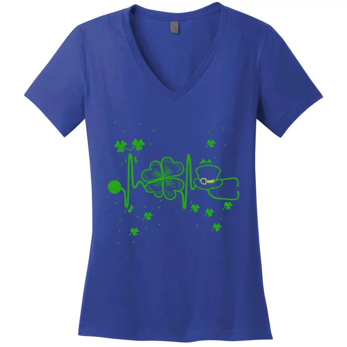 St Patrick`s Day Irish Heartbeat Lucky Cloverleaf Nurse Gift Women's V-Neck T-Shirt