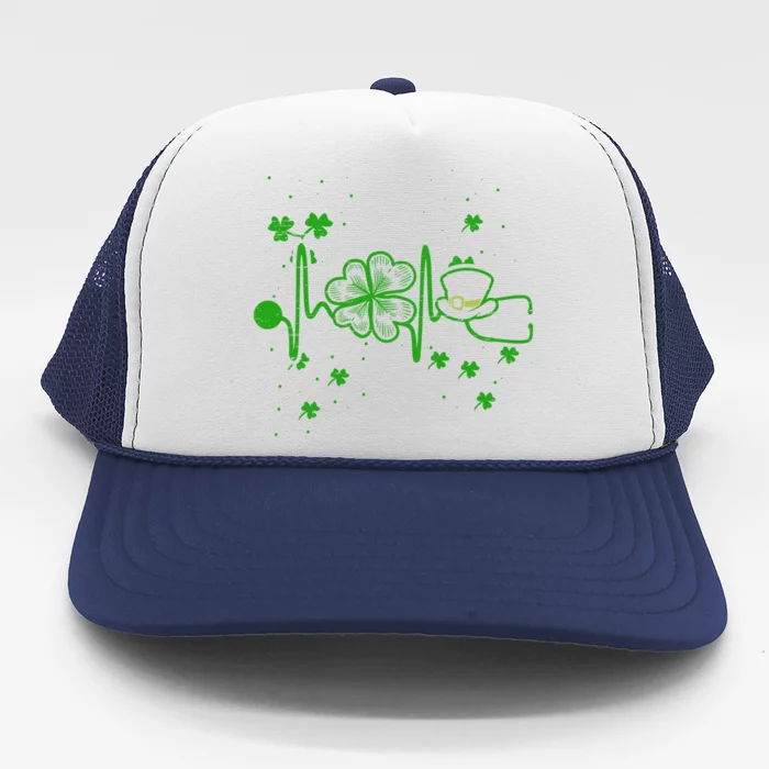 St Patrick`s Day Irish Heartbeat Lucky Cloverleaf Nurse Gift Trucker Hat