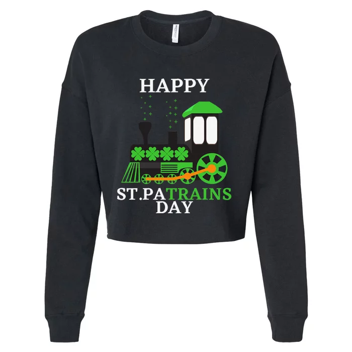 St Patricks Day For Shamrock Train Transportation Cropped Pullover Crew