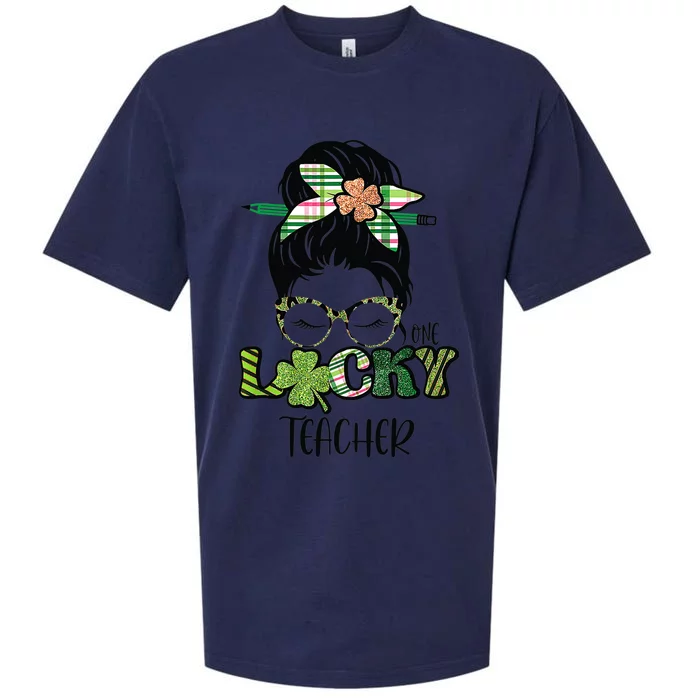 St Patrick's Day Leopard Lucky Teacher Messy Bun Shamrock Sueded Cloud Jersey T-Shirt